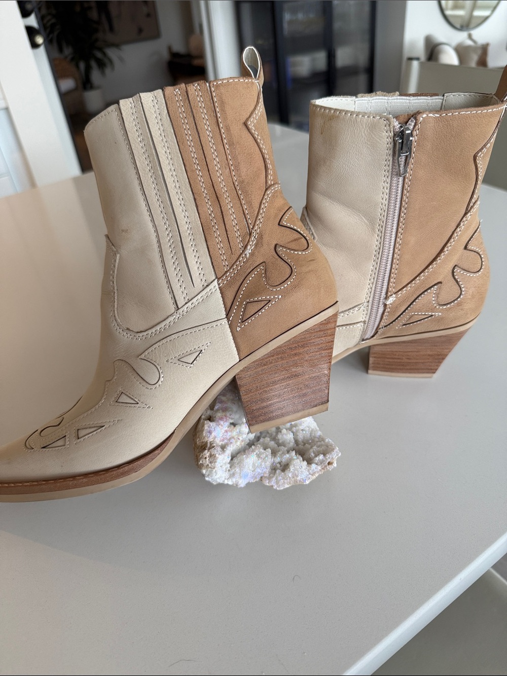 Cream & Tan Western Ankle Boots - Women by Dolce